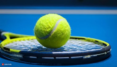 Bir önceki rakete benzer bir tenis topunun yakın plan görüntüsü ama topta görünür bir logo yok..