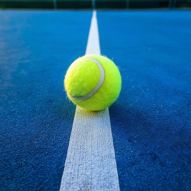 Bir önceki rakete benzer bir tenis topunun yakın plan görüntüsü ama topta görünür bir logo yok..