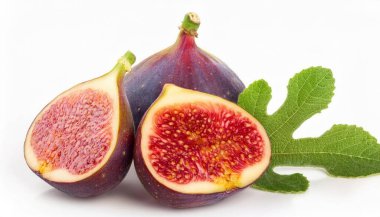 Fig fruits with fig leaves and slices of fig isolated on white background. clipart