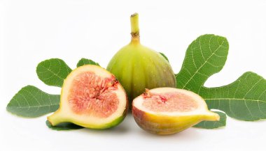 Fig fruits with fig leaves and slices of fig isolated on white background. clipart