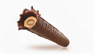 wafers Roll covered in chocolate inside on white background. clipart