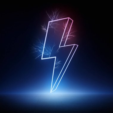 neon ışığı soyut arkaplan, cıvata, parıldayan şimşek, elektrik güç sembolü