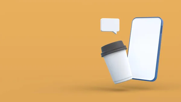 3D Coffee. Coffee with mobile app and chat box. 3D rendering