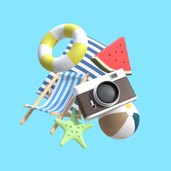 Summer sale banner. set of summer equipment. concept of vacation. 3D illustration