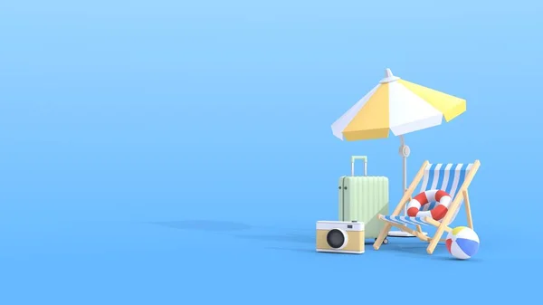 3D夏のバナー 傘カメラビーチボールとスーツケース付きの椅子ビーチ 休暇の概念 3Dイラスト — ストック写真