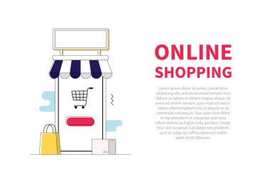 İnternet sitesinden alışveriş yapmak. mobil uygulama çevrimiçi alışveriş hattı sanatı. Vektör illüstrasyonu