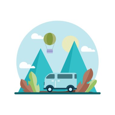 Düz dizayn arka planında seyahat et. dağ sırt çantası Vektör illüstrasyonu