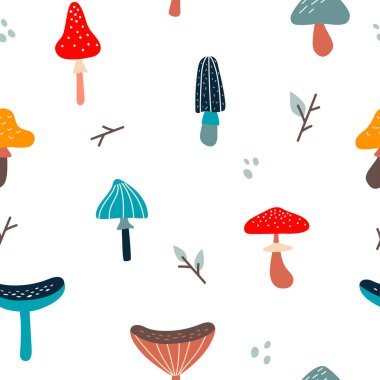 Renkli mantarlı kusursuz desen. Sonbahar arkaplanı. Kumaş ve tekstil için mükemmel. Yaratıcı Vektör