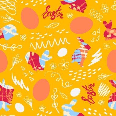 Paskalya tavşanı siluetleri, tavuk yumurtası ve çiçek karalama elementleri. Şenlikli, kusursuz desen. Vektör illüstrasyonu