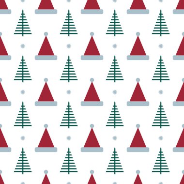 Noel arkaplanı Geometrik Modern Simge Şapkalı Noel Baba ve Firavun. Noel Kış Ormanı Minimalist Paketleme. Vektör illüstrasyonu