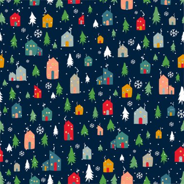 Siluetler, şirin kamaraları olan pürüzsüz desenler. El işi ev ve çam ağacı. Vektör