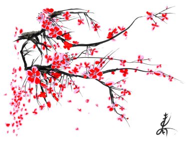 Gerçekçi Sakura Çiçeği - Japon Kiraz Ağacı. Sanatsal Şube Erik Çiçeği.