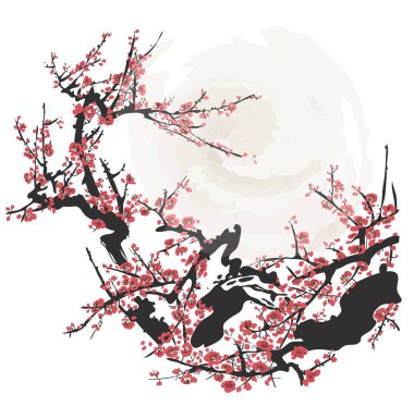 Gerçekçi Sakura Çiçeği - Japon Kiraz Ağacı. Sanatsal Şube Erik Çiçeği.