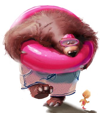 cute bear with lifebuoy and little yellow duckling