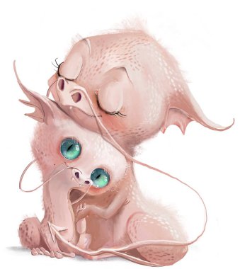 cute white dragons - mom and kid - are huging