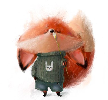cute cartoon baby fox character with flower