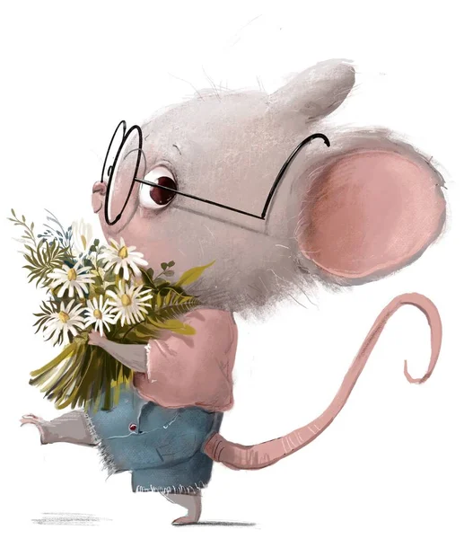 Cute Little Mouse Boy Flowers — Stockfoto