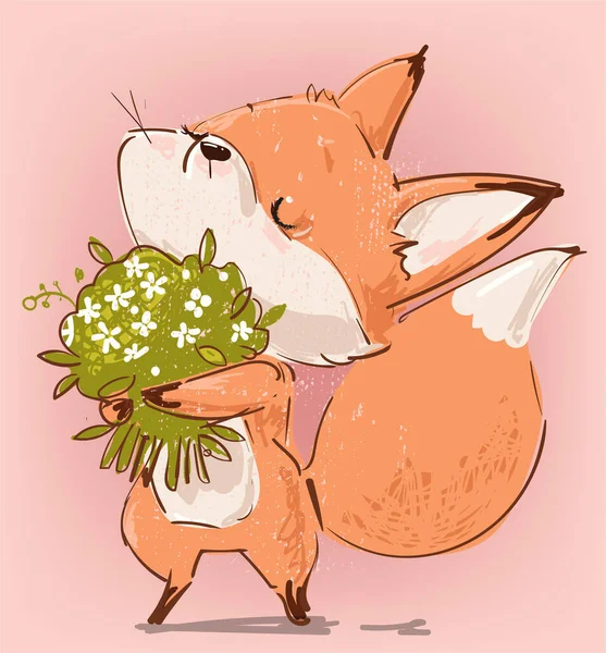 Bonito Cartoon Fox Com Floral Grinalda — Vetor de Stock