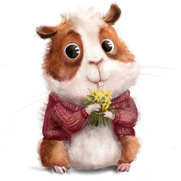 Schattig Klein Hamster Jongen Met Bloemen — Stockfoto