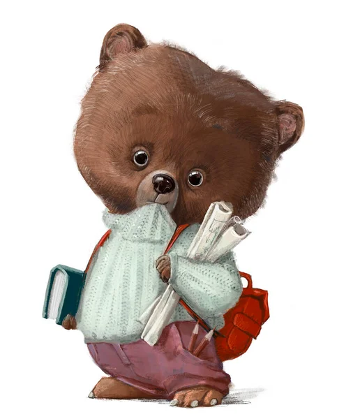 Милый Маленький Медвежонок Книгой Свитером — стоковое фото