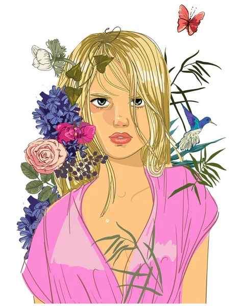 Belle Jeune Femme Avec Des Fleurs — Image vectorielle