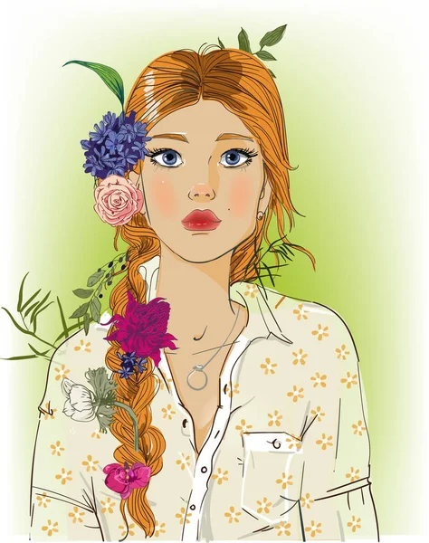 Beautiful Young Woman Flowers — Stock Vector