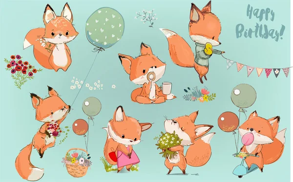 Niedliche Cartoon Fuchs Set Mit Blumen Und Ballons — Stockvektor