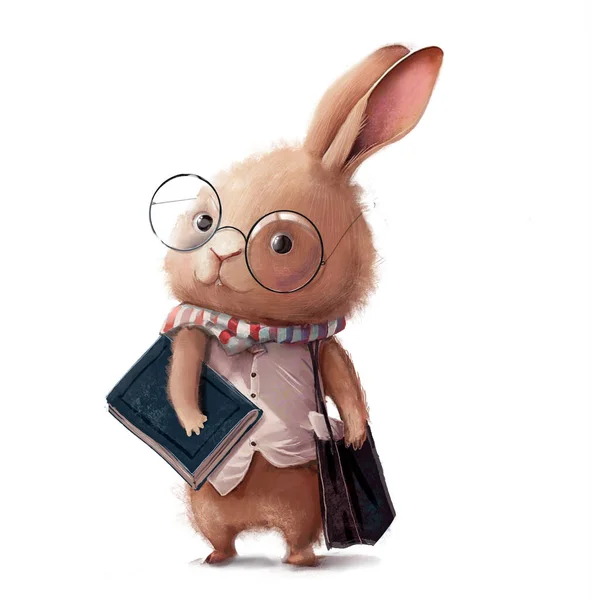 Söt Hare Med Glasögon Och Bok — Stockfoto
