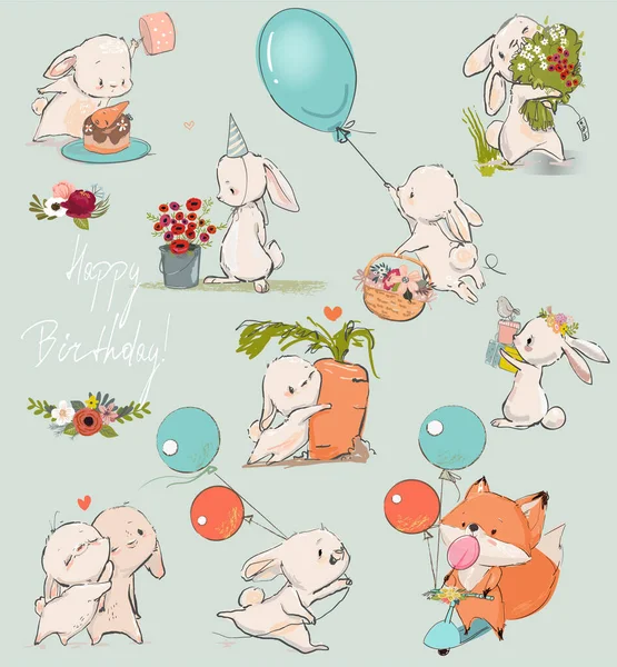 Roztomilé Kreslené Zajíci Set Květinami Balónky — Stockový vektor