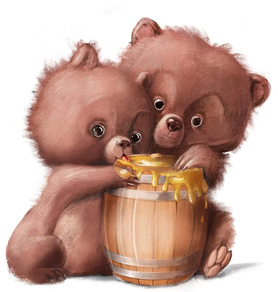 Два Милых Медведя Бочкой Меда — стоковое фото