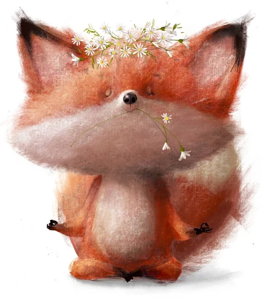ロータスでかわいい漫画の狐のキャラクターは花とポーズ — ストック写真