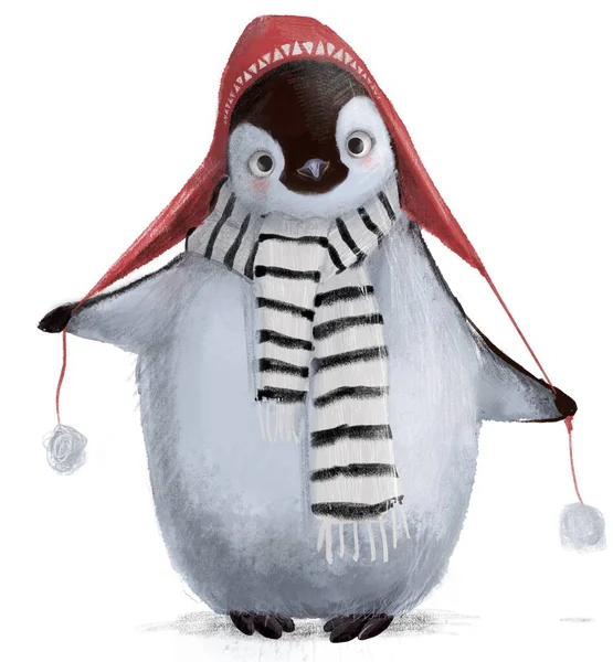 赤い帽子とスカーフが付いているかわいい漫画ペンギン — ストック写真