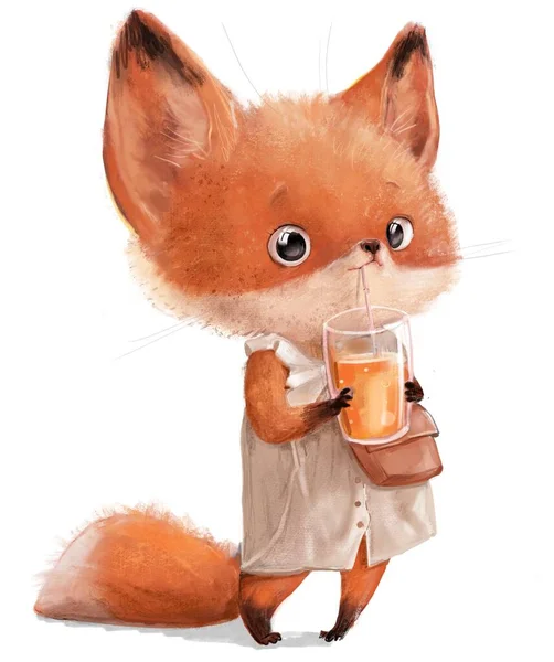 Roztomilý Malý Krásný Fox Pití Pomerančové Šťávy — Stock fotografie