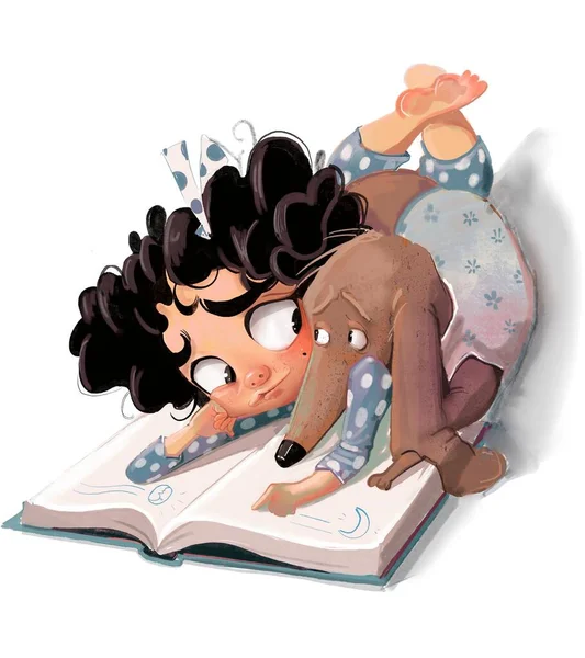 犬とかわいい漫画のカーリーガールは本を読む — ストック写真