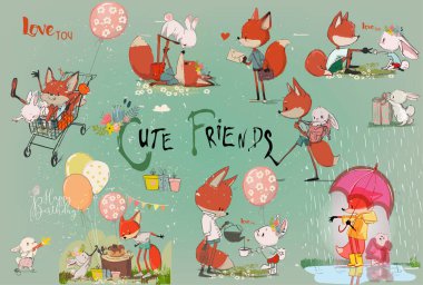 Tavşan ve tilki desenli şirin çizgi film seti