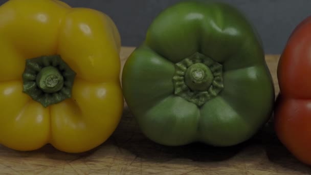 Three Sweet Peppers Three Colorful Bell Peppers Red Yellow Green — 图库视频影像