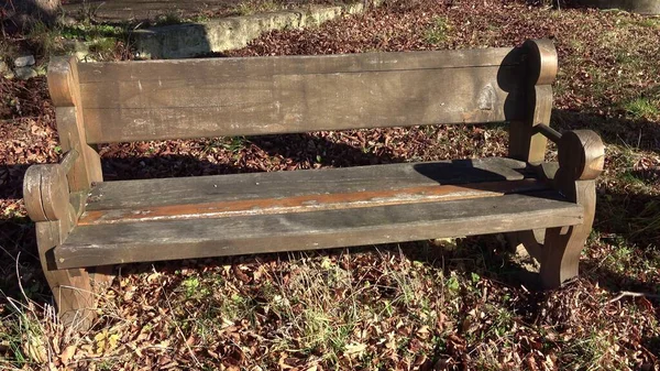 自然の中で木製公園のベンチ 木製のベンチには背もたれがある ストック写真