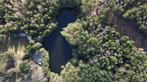 Danau Dikelilingi Oleh Pepohonan Pemandangan Indah Dalam Tembakan Drone Udara Stok Foto Bebas Royalti