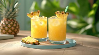 İki bardak ananas kokteyli taze ananas dilimleriyle süslenir, yanında da bir kase ananas parçacıkları, tropikal bir ortamda ahşap bir masada bir tepsi üzerinde. Yapay zeka üretken
