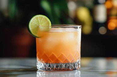 Crystal glass with a vibrant orange cocktail, ice cubes, and a lime wedge sits on a bar counter, creating a refreshing and inviting scene. AI generative