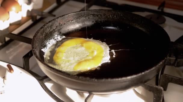 夜明けにフライパンでスクランブルエッグを調理するプロセス 卵が壊れ 熱いフライパンに落ちます 明るい日差し 泡立ち油 朝食だ ホームキッチン 卵のトレイ おいしい料理 — ストック動画