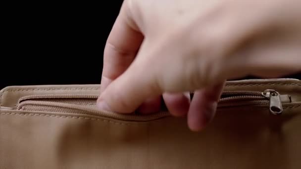 Female Hand Taking 100 Dollar Bills Brown Leather Purse Close — Stock Video