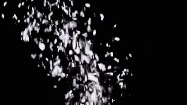 Falling Bright Shiny White Particle Tinsel Sequins Black Background Flux — Video