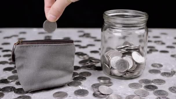 Woman Putting Five Cents Small Change Grey Purse Scattered Silver — Stock Video