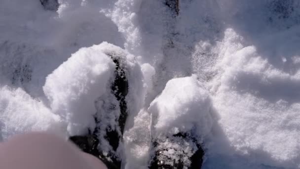 トップ表示女性は雪の中で雪のドリフトに立っている間に黒いブーツをオフに雪を振る 雪のブーツの足を閉じます 太陽の下で雪のドリフトから靴を振り払う ステップ トレイル 降雪だ スローモーション — ストック動画