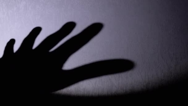 在一盏灯的照耀下 墙上有一只怪兽的长长的黑手的影子 手指的轮廓 手放在白墙上 光明和阴影的剧场 晚上在家里娱乐 玩游戏吧 — 图库视频影像