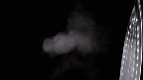 Close Steam Iron Blowing Stream Thick Steam Black Background Dalam — Stok Video