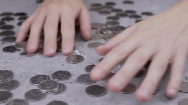 Greedy Female Hands Stirring Pile Scattered Ukrainian Coins Table Scattering — Vídeo de Stock