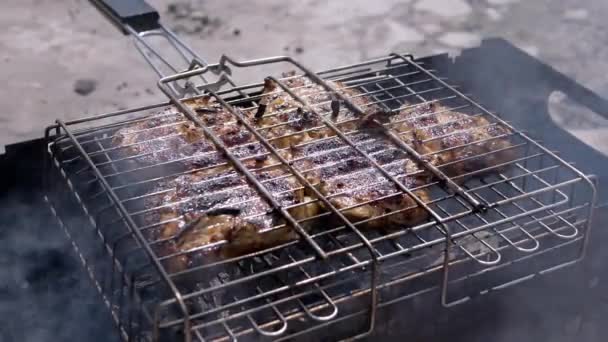 Preparação Carne Suculenta Uma Grelha Churrasco Quintal Raios Luz Solar — Vídeo de Stock