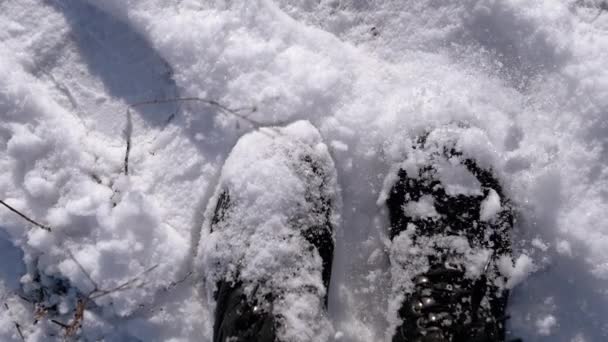 俯瞰全景的女人站在雪地里 抖落雪地上的黑色靴子 穿着雪地靴的脚靠得很近 在阳光下摇掉雪地上的雪鞋 下雪了慢动作 — 图库视频影像
